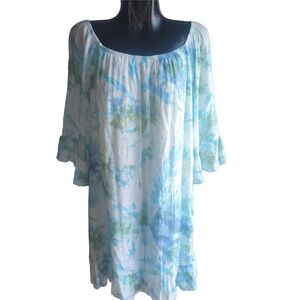 Blue, Green And White Tie-dyed Short Ruffle Sleeved Dress 1X